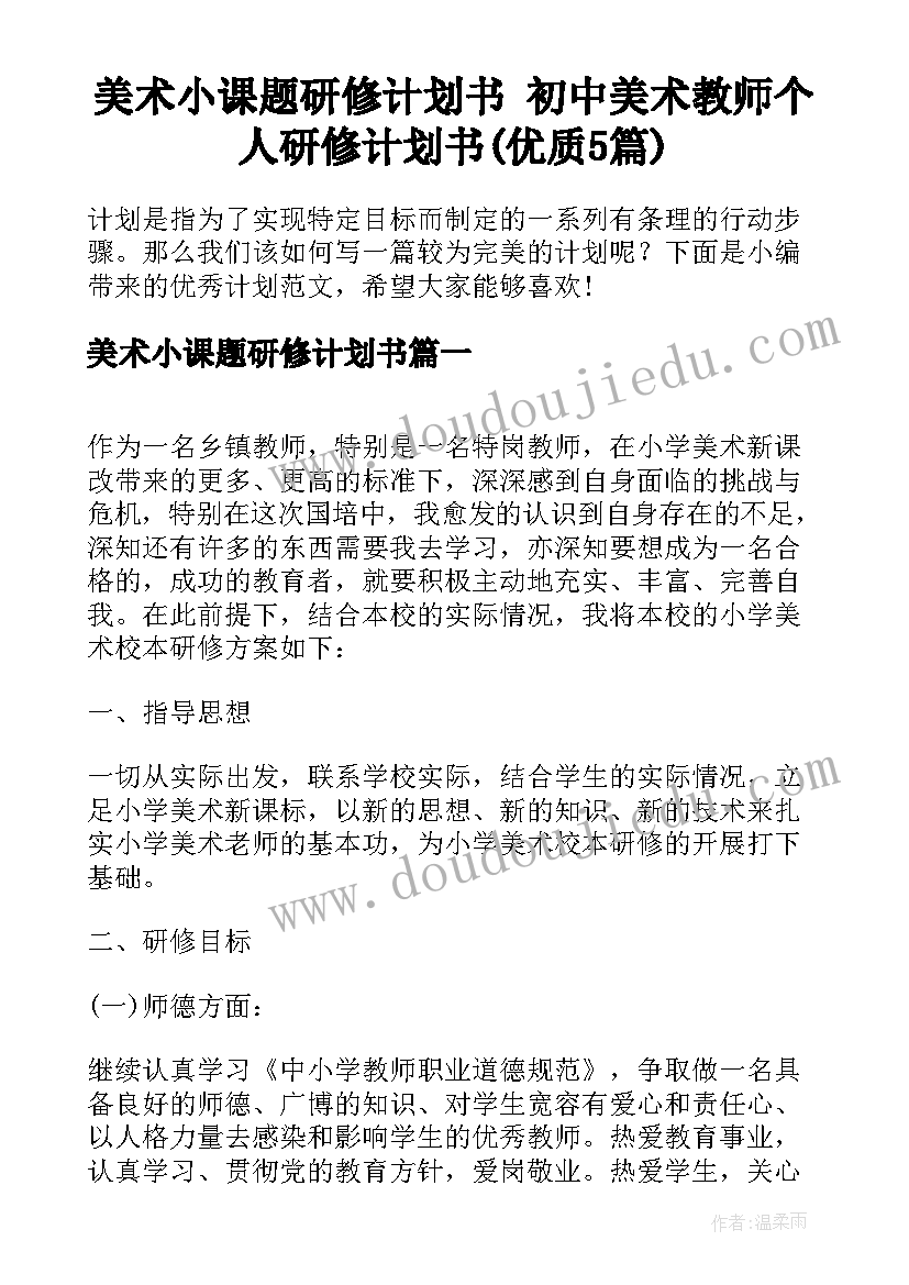 美术小课题研修计划书 初中美术教师个人研修计划书(优质5篇)