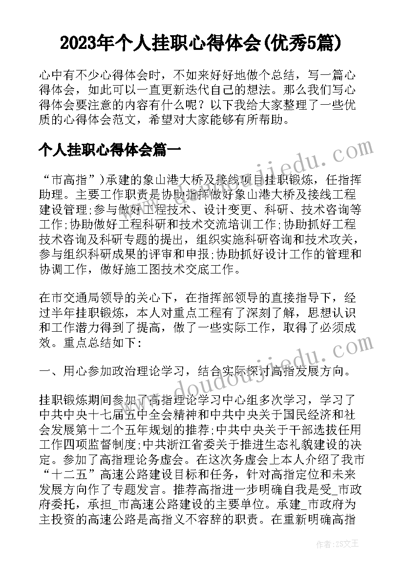 2023年个人挂职心得体会(优秀5篇)