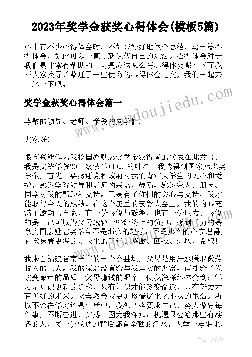 2023年奖学金获奖心得体会(模板5篇)