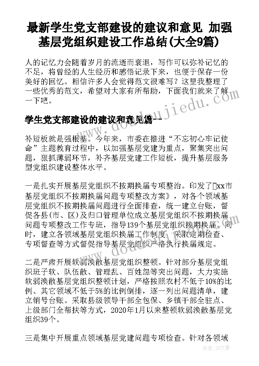 最新学生党支部建设的建议和意见 加强基层党组织建设工作总结(大全9篇)