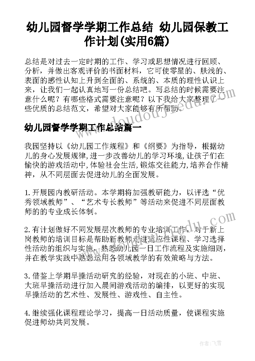 幼儿园督学学期工作总结 幼儿园保教工作计划(实用6篇)