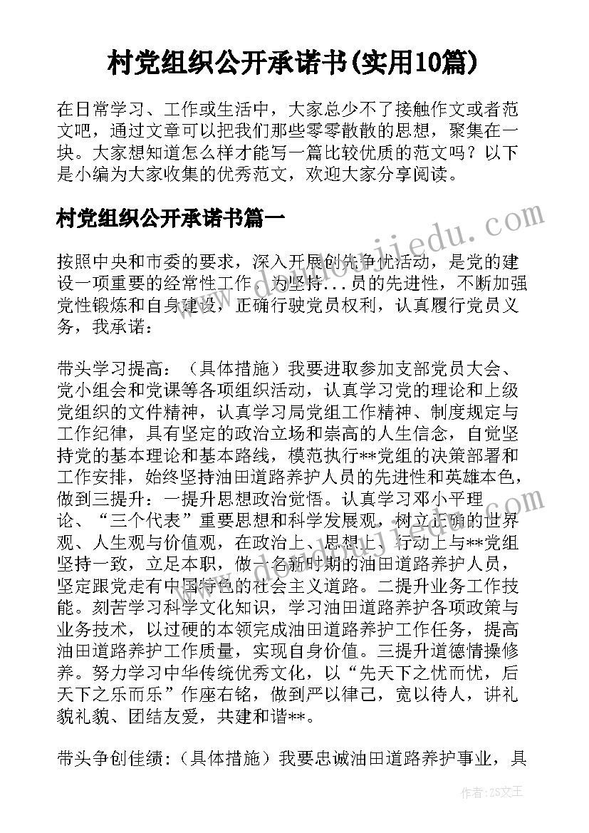 村党组织公开承诺书(实用10篇)