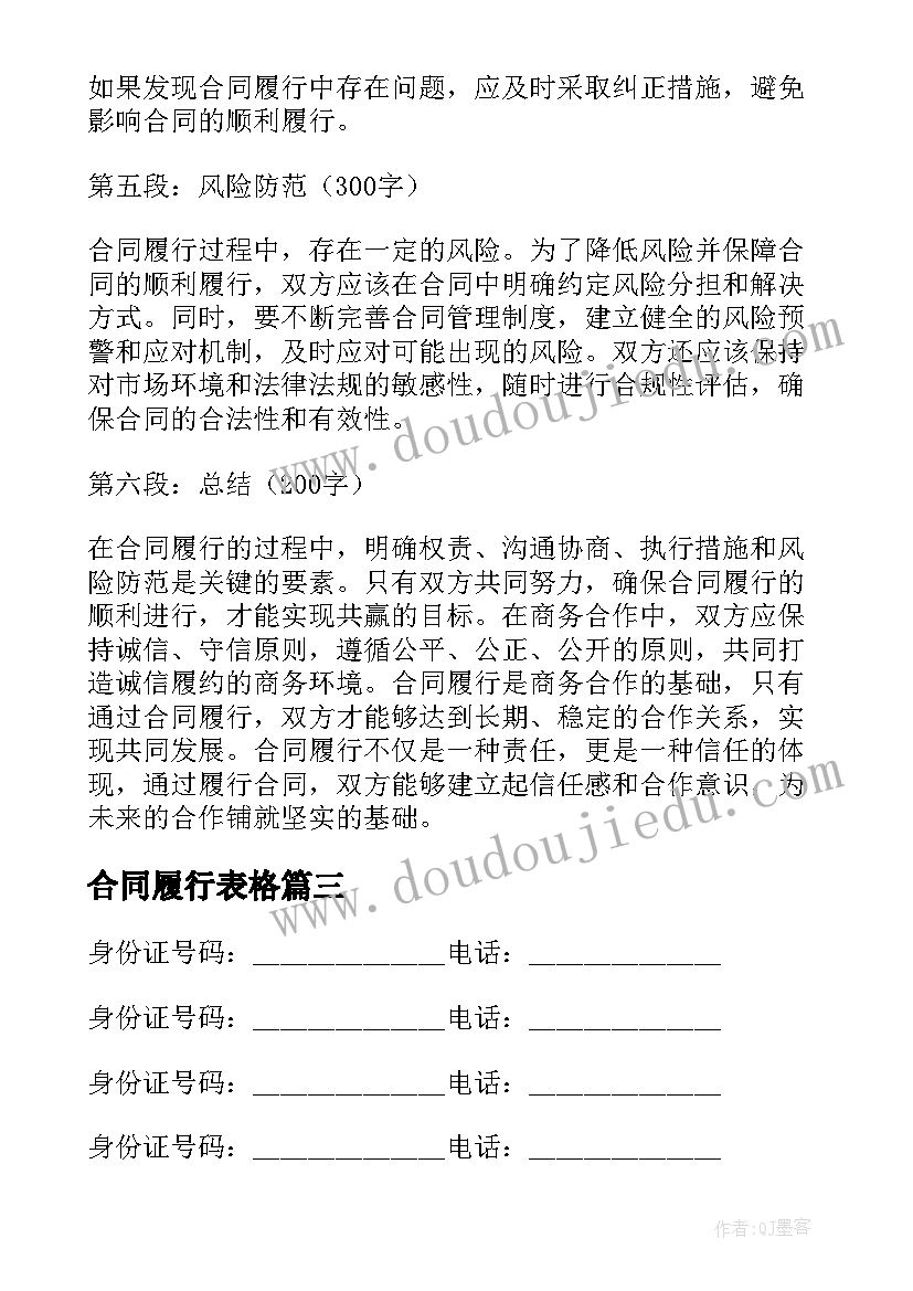 2023年合同履行表格(实用6篇)