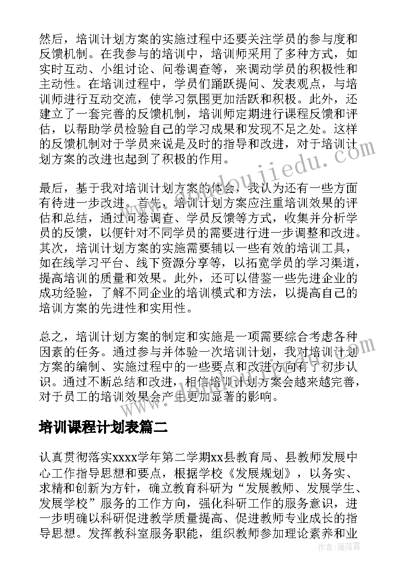 培训课程计划表(实用6篇)