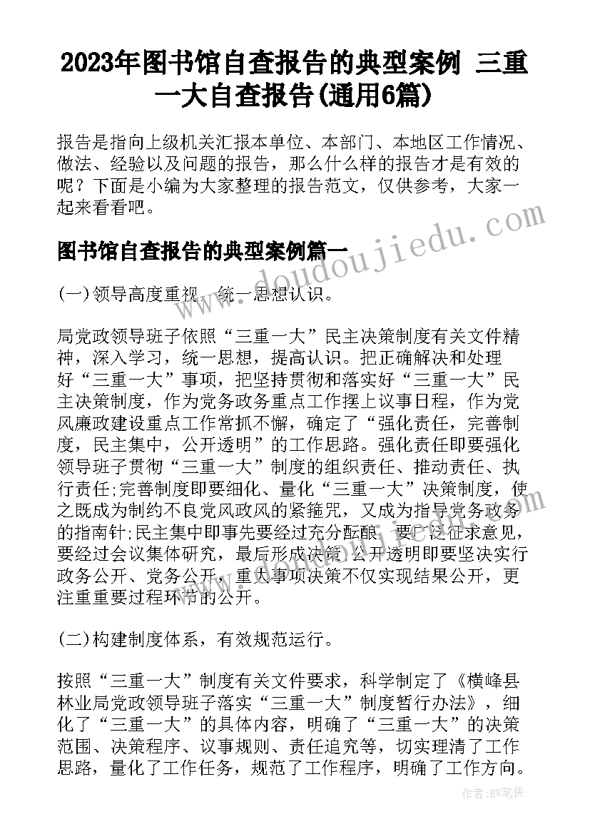 2023年图书馆自查报告的典型案例 三重一大自查报告(通用6篇)