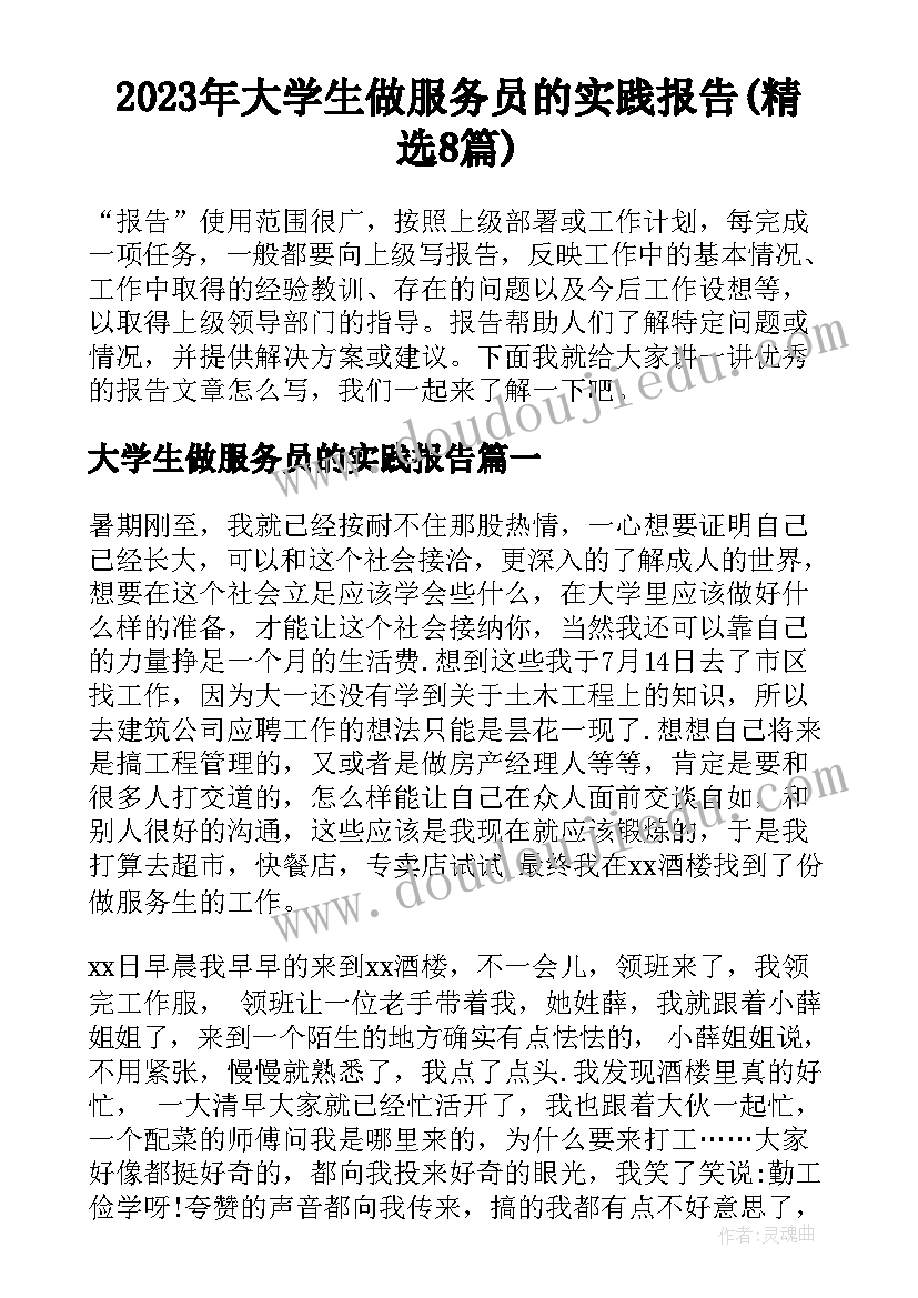 2023年大学生做服务员的实践报告(精选8篇)