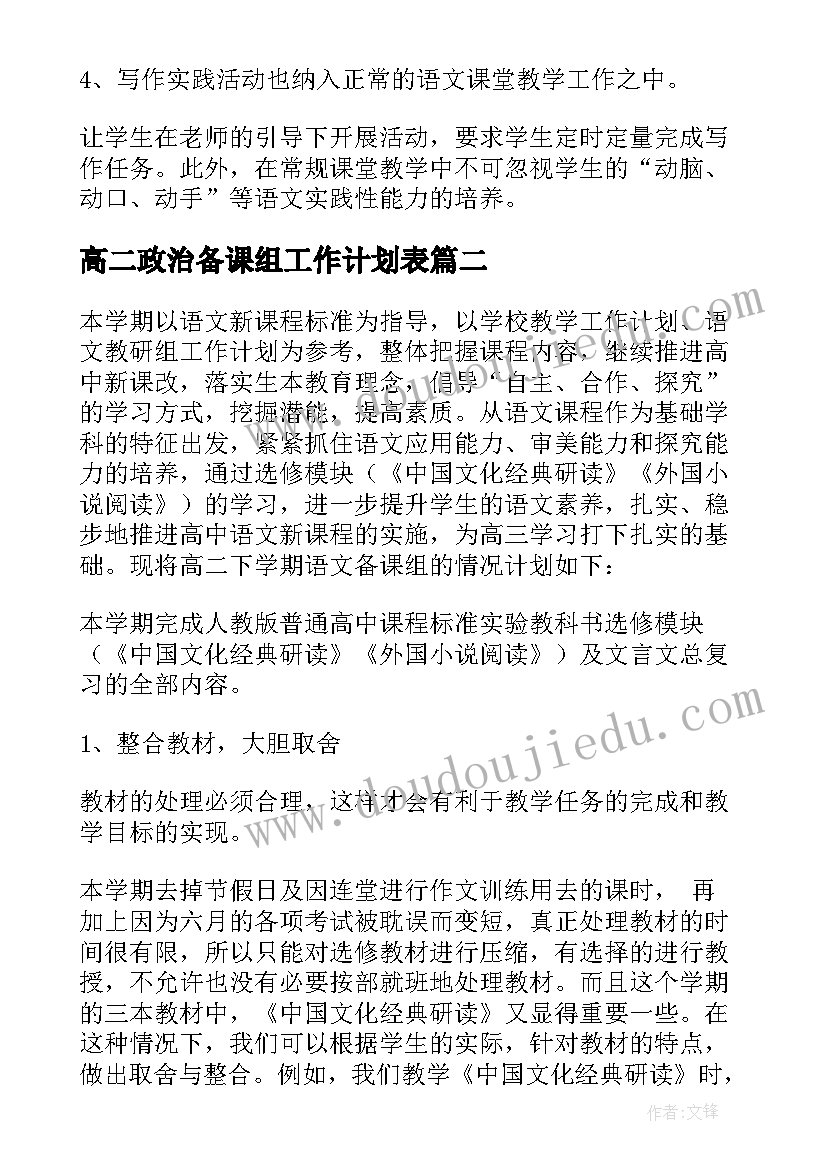 2023年高二政治备课组工作计划表 高二语文备课组下学期工作计划(通用5篇)