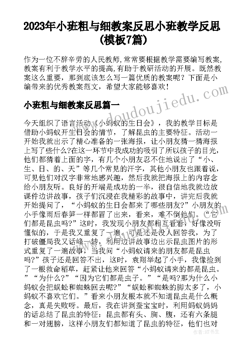 2023年小班粗与细教案反思 小班教学反思(模板7篇)