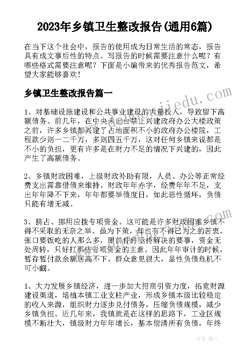 2023年乡镇卫生整改报告(通用6篇)