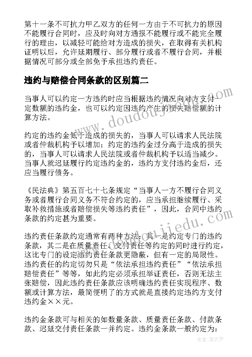 违约与赔偿合同条款的区别 合同违约赔偿条款模优选(实用5篇)