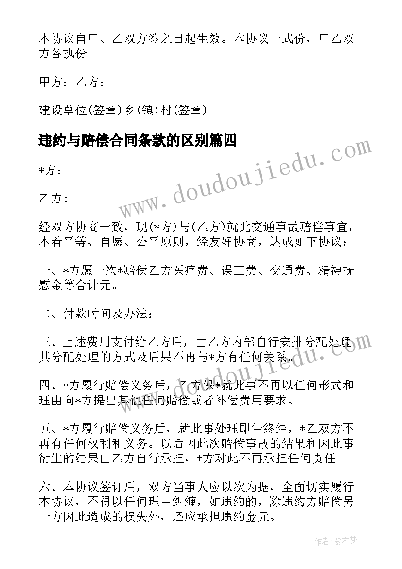 违约与赔偿合同条款的区别 合同违约赔偿条款模优选(实用5篇)