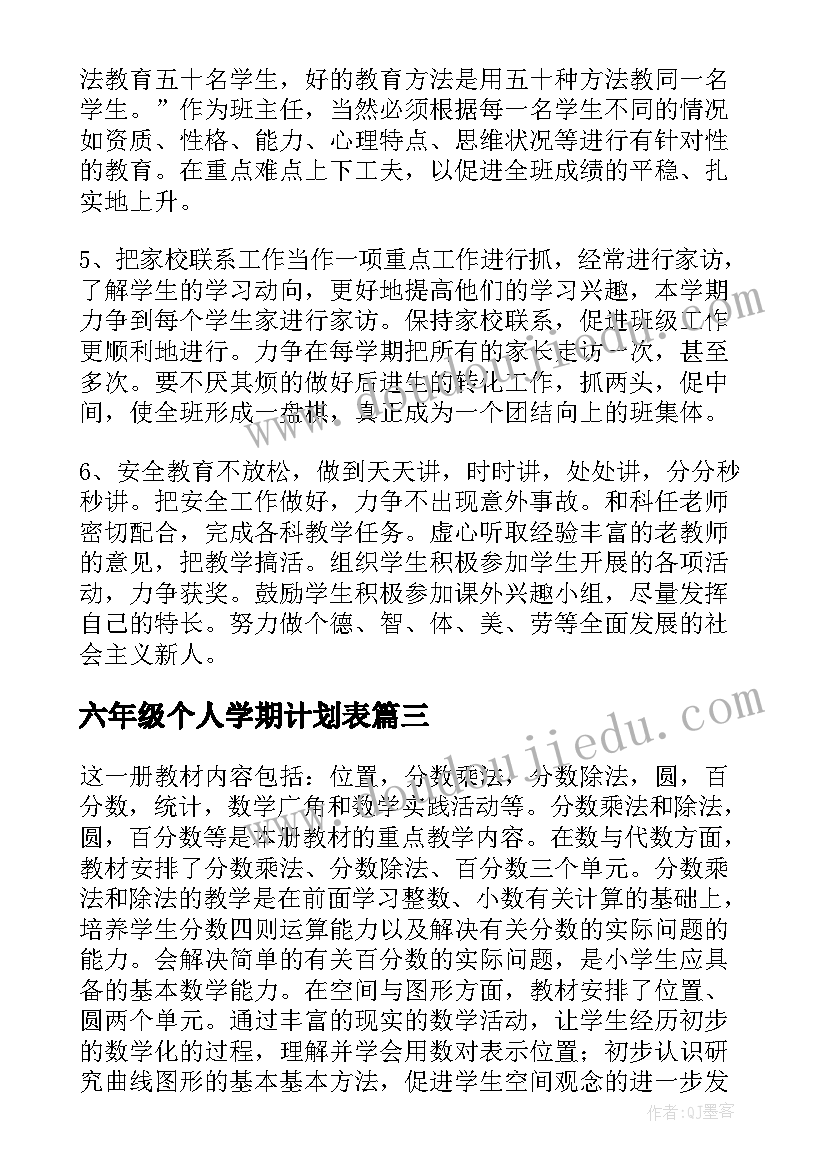 2023年六年级个人学期计划表 小学六年级教师个人工作计划(实用6篇)