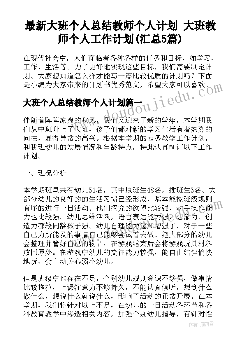 最新大班个人总结教师个人计划 大班教师个人工作计划(汇总5篇)