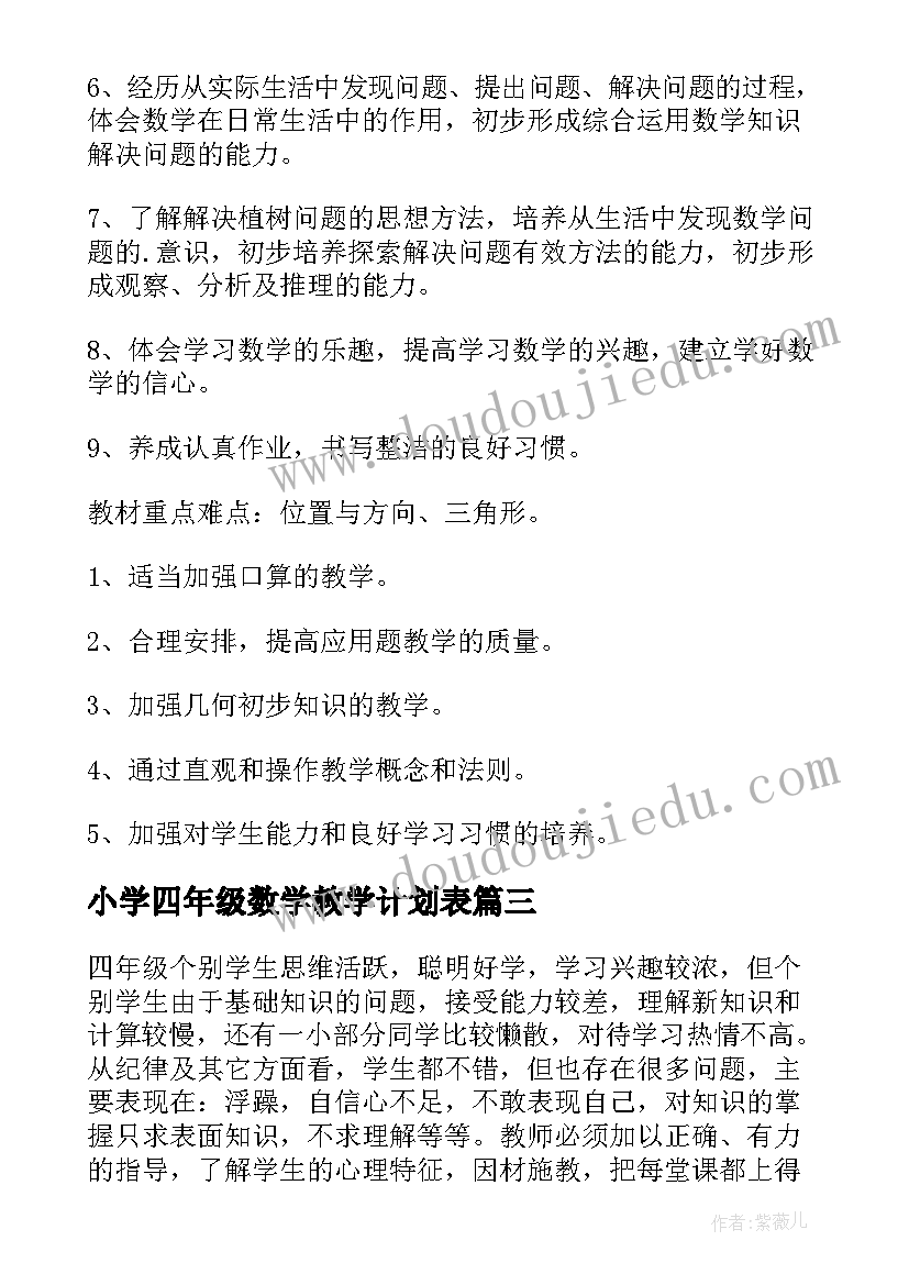 最新小学四年级数学教学计划表 小学四年级数学教学计划(通用6篇)