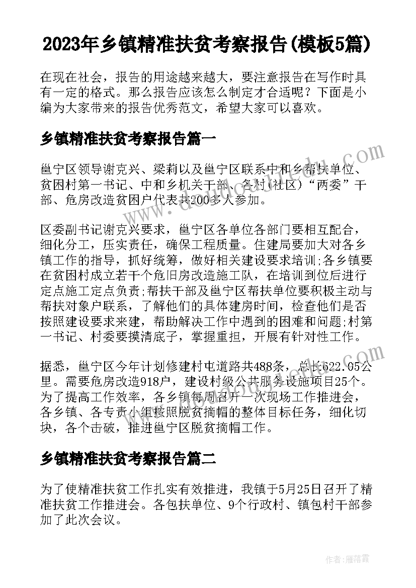 2023年乡镇精准扶贫考察报告(模板5篇)