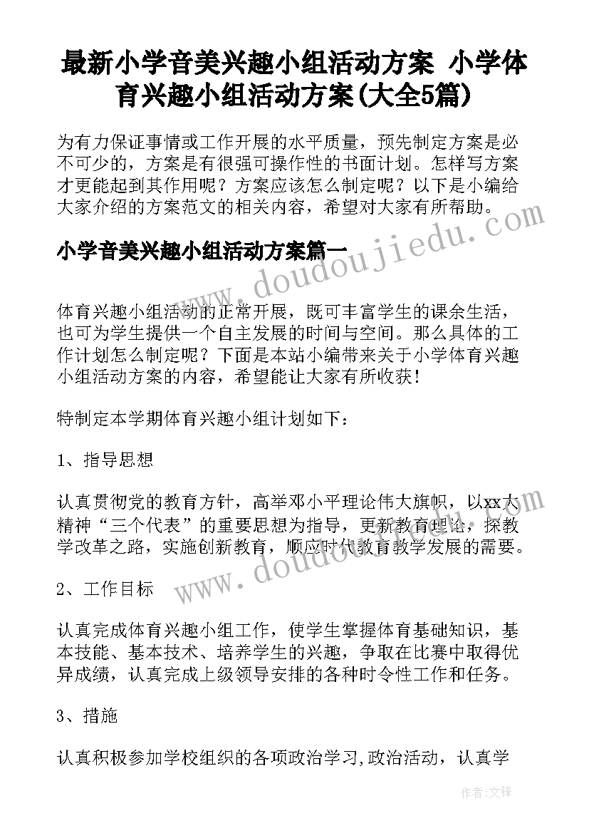 最新小学音美兴趣小组活动方案 小学体育兴趣小组活动方案(大全5篇)