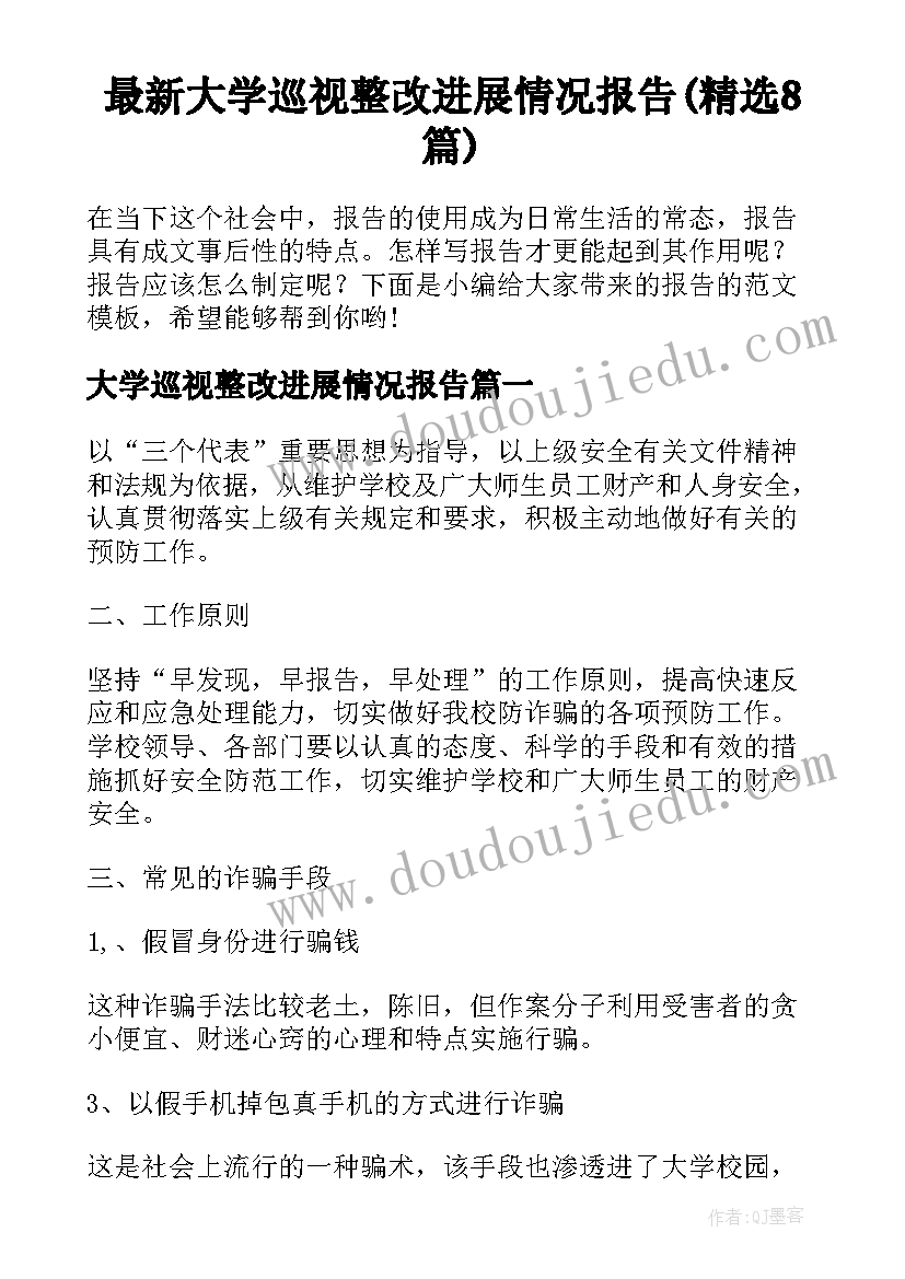 最新大学巡视整改进展情况报告(精选8篇)