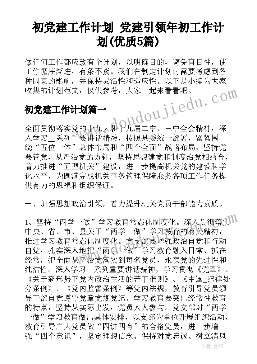 初党建工作计划 党建引领年初工作计划(优质5篇)