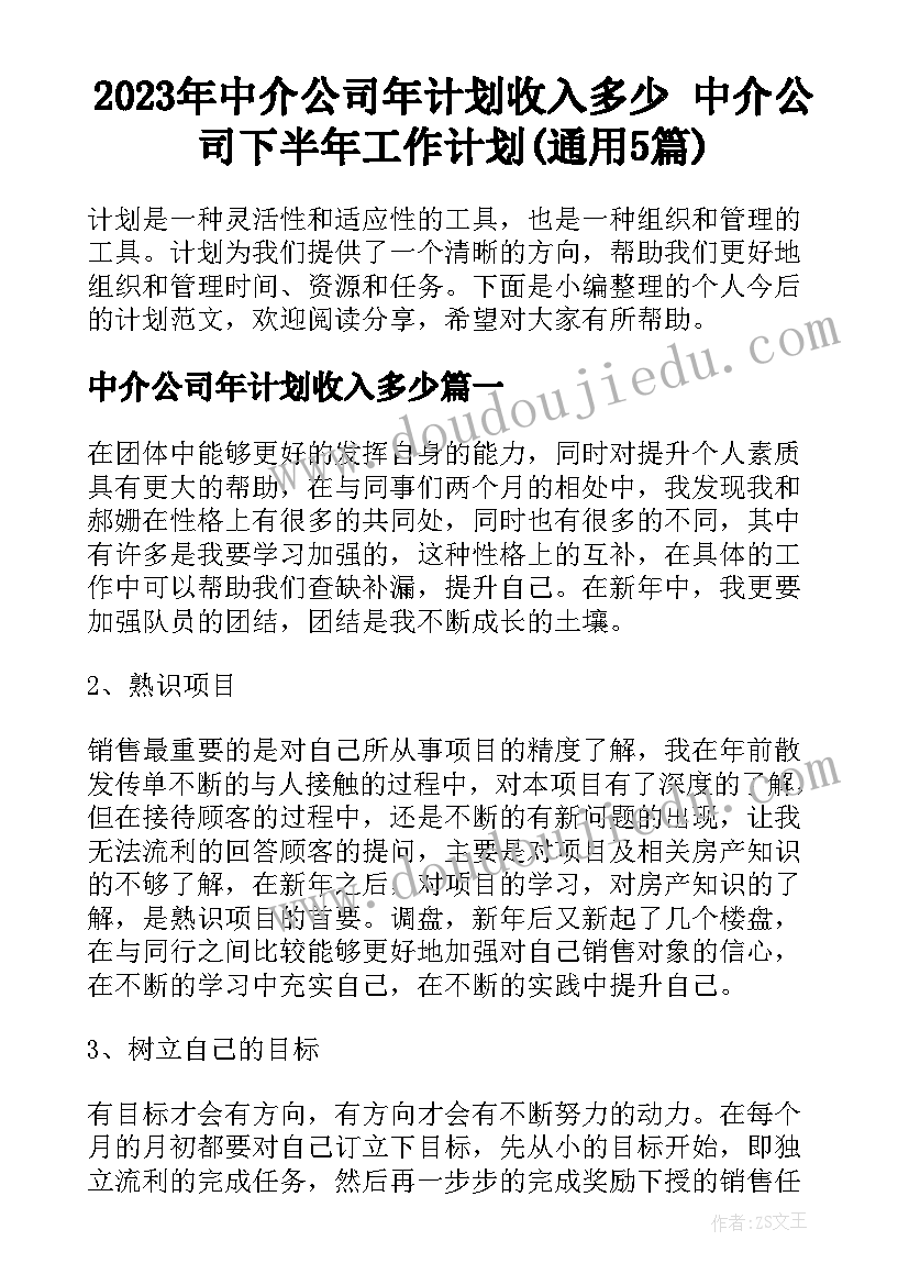 2023年中介公司年计划收入多少 中介公司下半年工作计划(通用5篇)