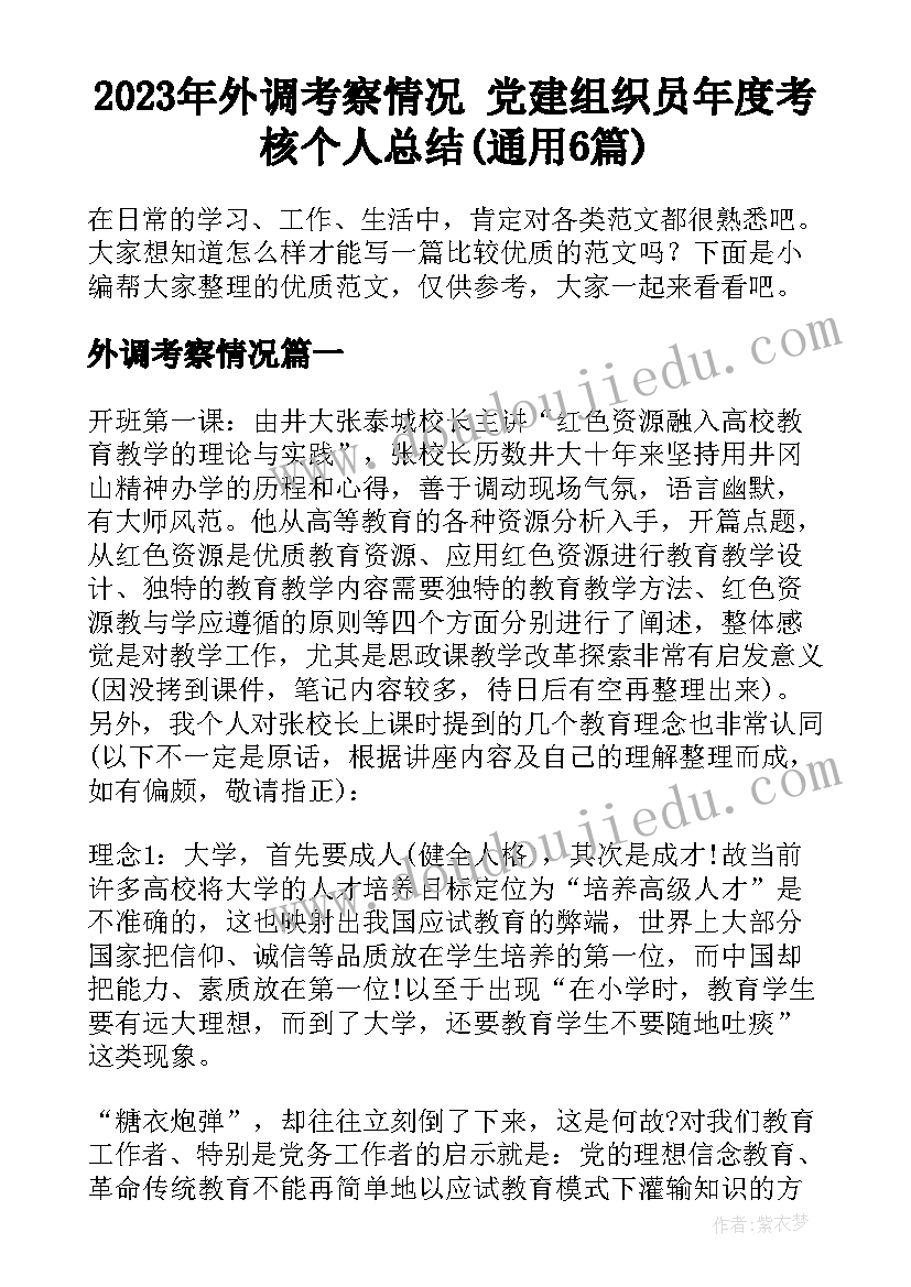 2023年外调考察情况 党建组织员年度考核个人总结(通用6篇)