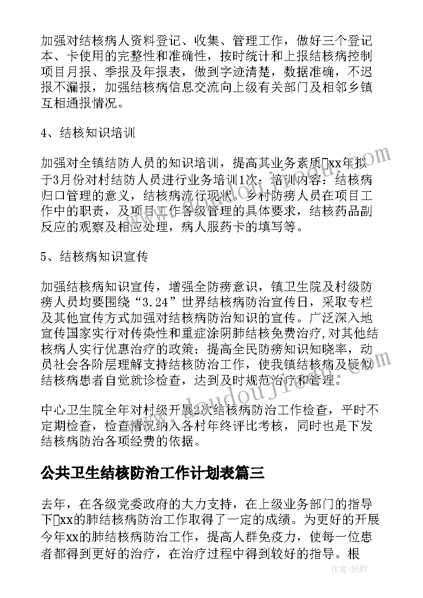 公共卫生结核防治工作计划表 结核病防治工作计划(优秀10篇)