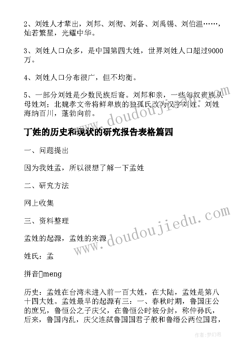 最新丁姓的历史和现状的研究报告表格 孙姓的历史和现状的研究报告(通用7篇)