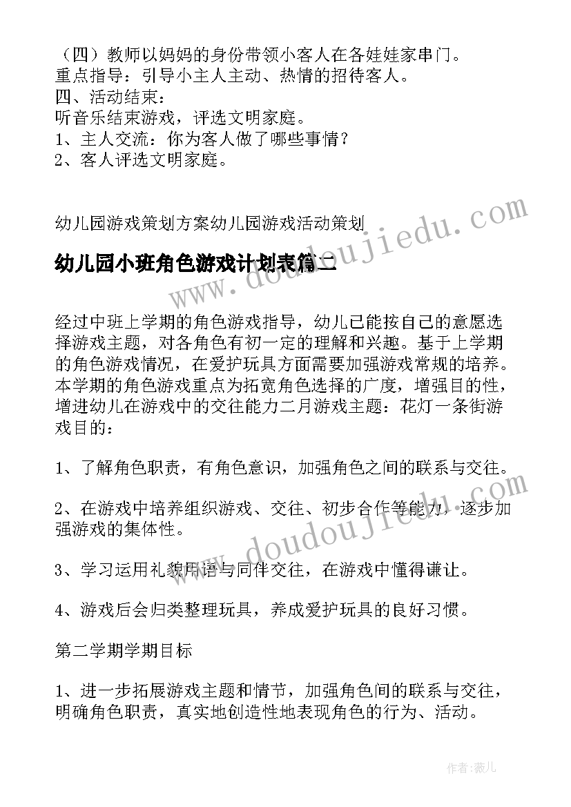 2023年幼儿园小班角色游戏计划表 幼儿园小班角色游戏策划(优秀7篇)