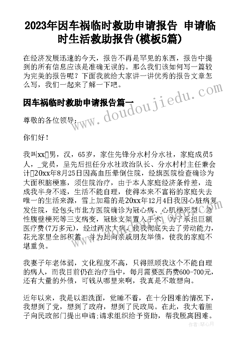 2023年因车祸临时救助申请报告 申请临时生活救助报告(模板5篇)