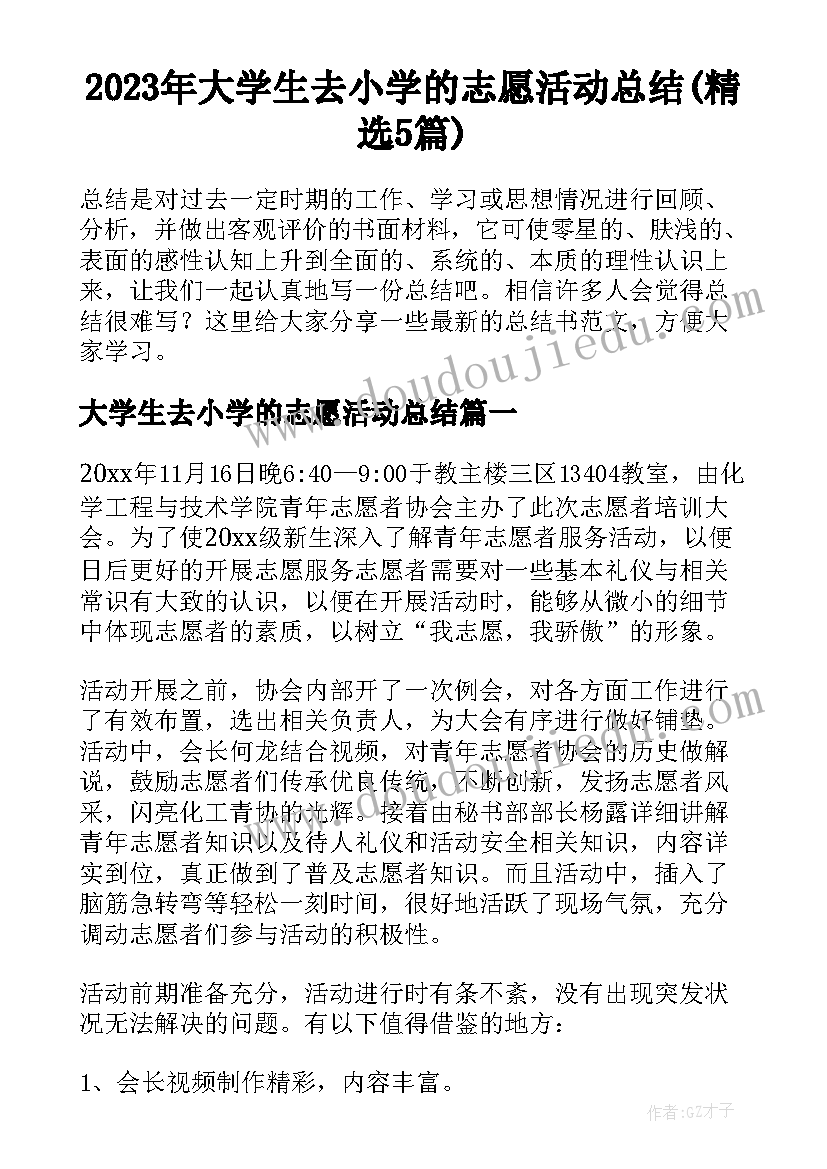 2023年大学生去小学的志愿活动总结(精选5篇)