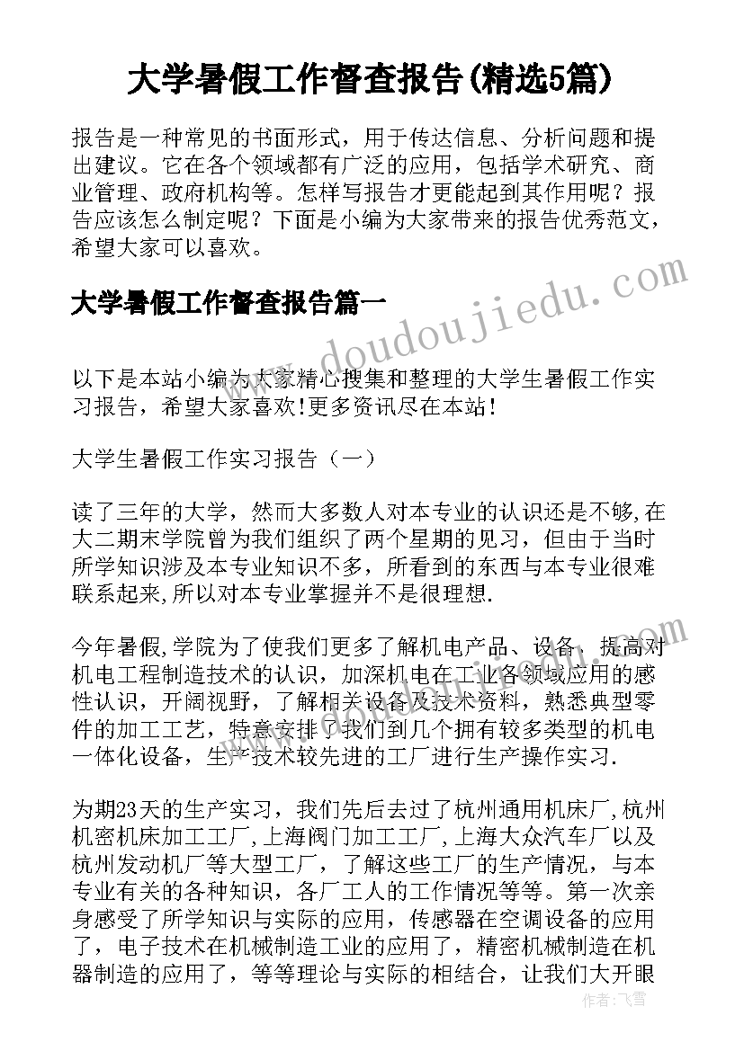 大学暑假工作督查报告(精选5篇)