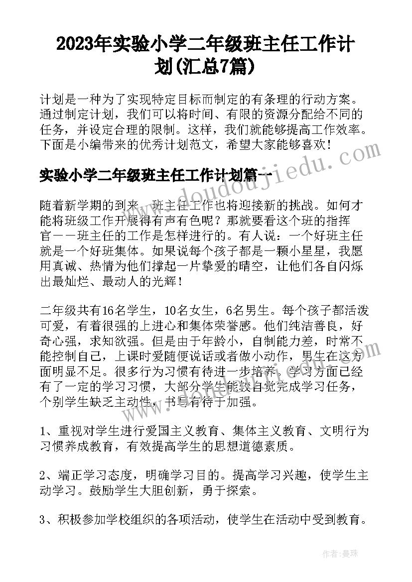 2023年实验小学二年级班主任工作计划(汇总7篇)