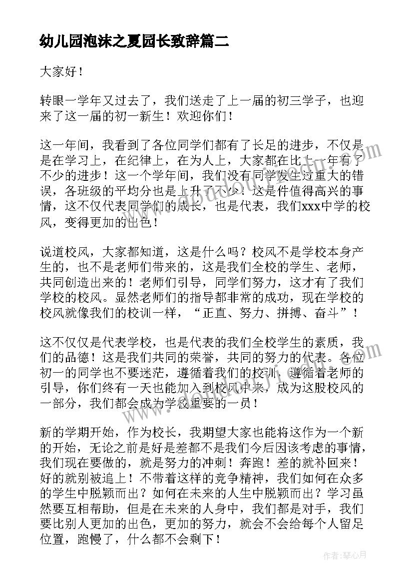 幼儿园泡沫之夏园长致辞(优质5篇)