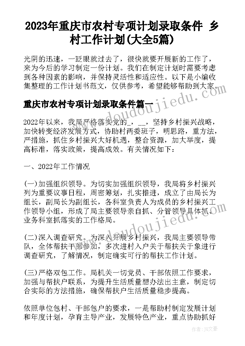 2023年重庆市农村专项计划录取条件 乡村工作计划(大全5篇)