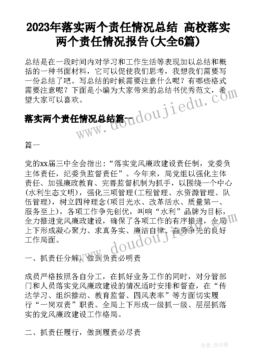 2023年落实两个责任情况总结 高校落实两个责任情况报告(大全6篇)