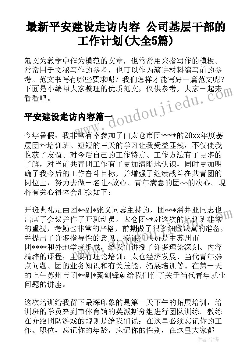 最新平安建设走访内容 公司基层干部的工作计划(大全5篇)