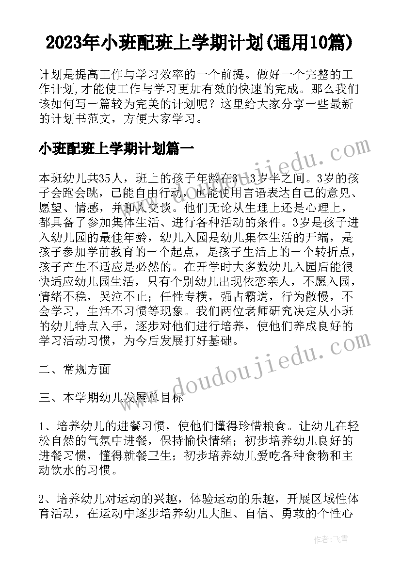 2023年小班配班上学期计划(通用10篇)