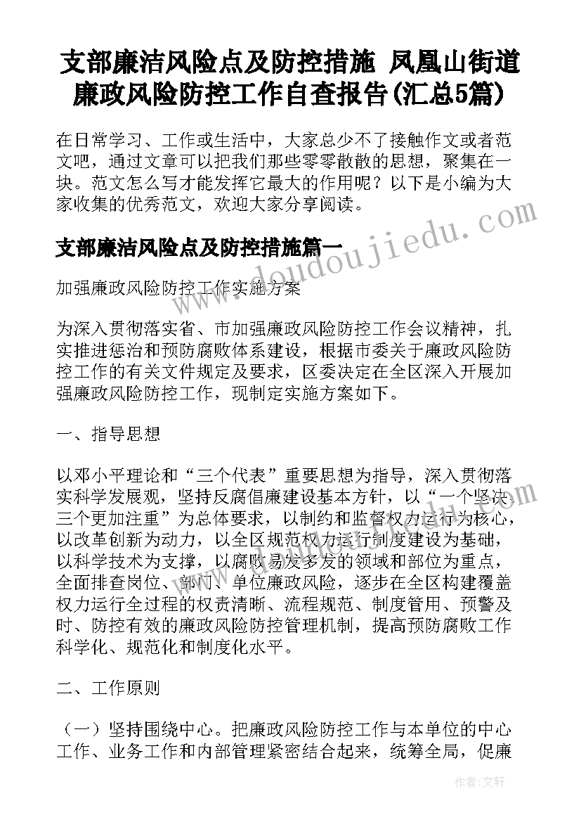 支部廉洁风险点及防控措施 凤凰山街道廉政风险防控工作自查报告(汇总5篇)