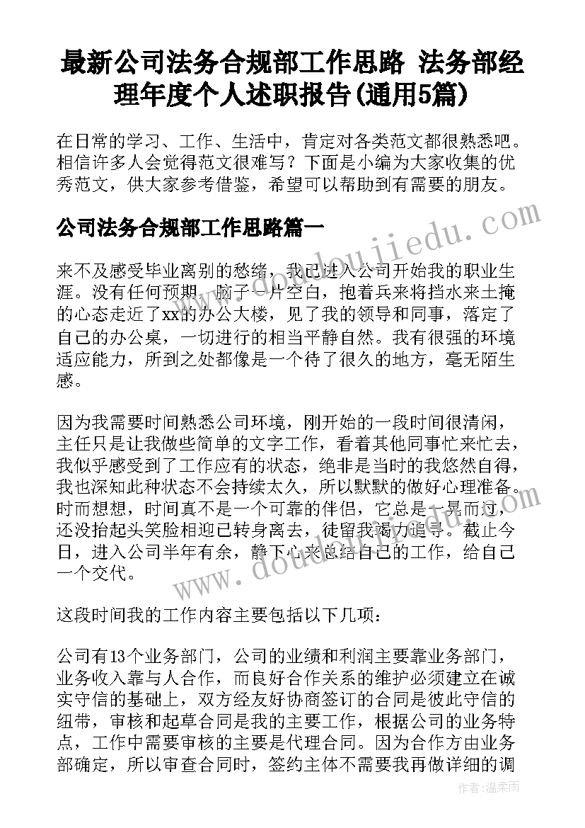 最新公司法务合规部工作思路 法务部经理年度个人述职报告(通用5篇)