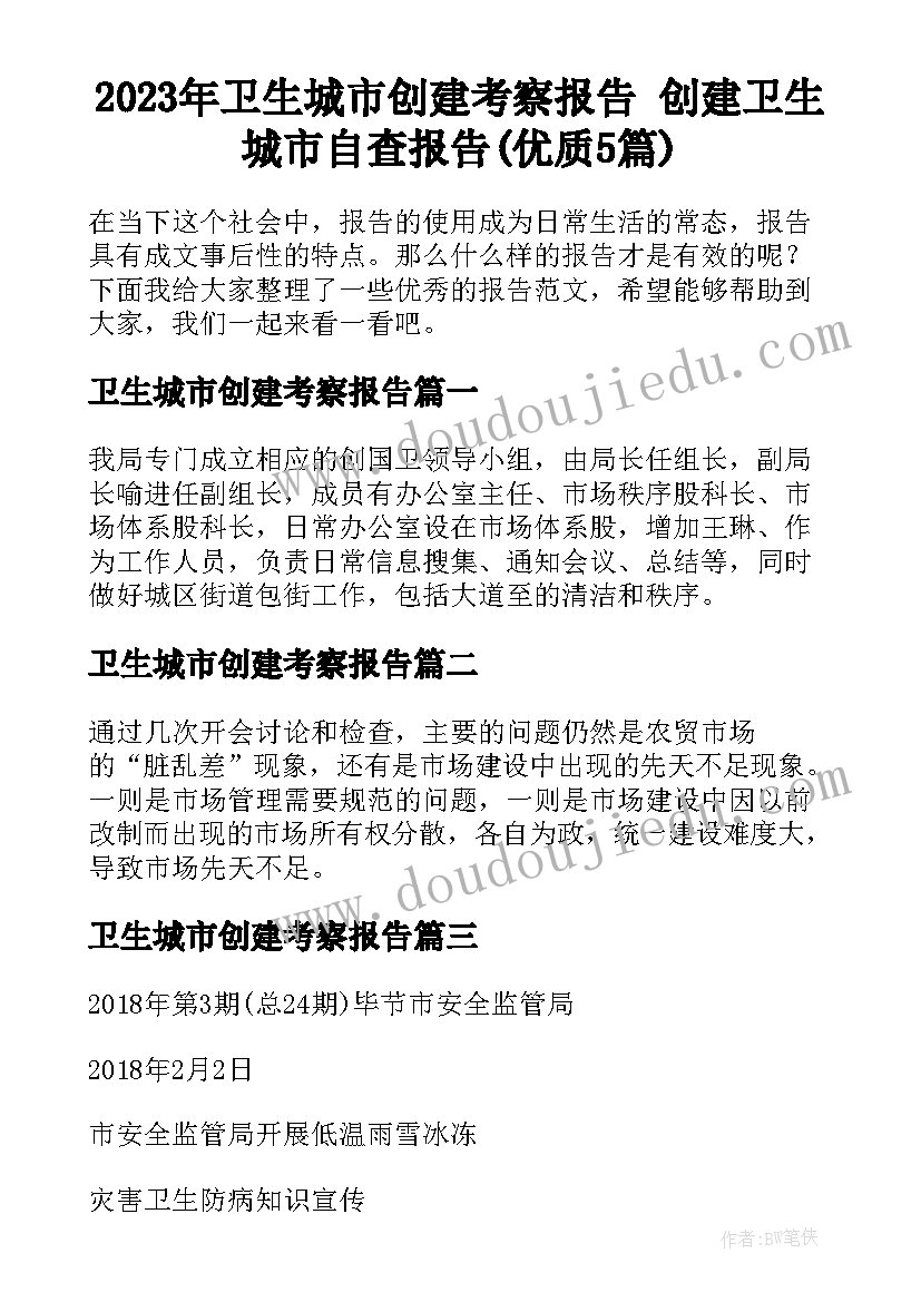 2023年卫生城市创建考察报告 创建卫生城市自查报告(优质5篇)