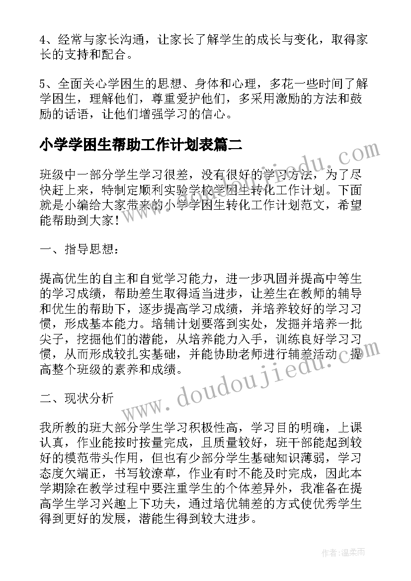 小学学困生帮助工作计划表(实用5篇)