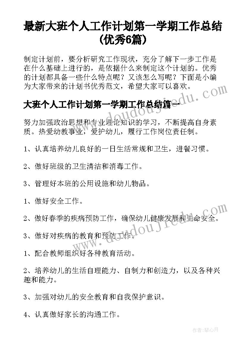 最新大班个人工作计划第一学期工作总结(优秀6篇)