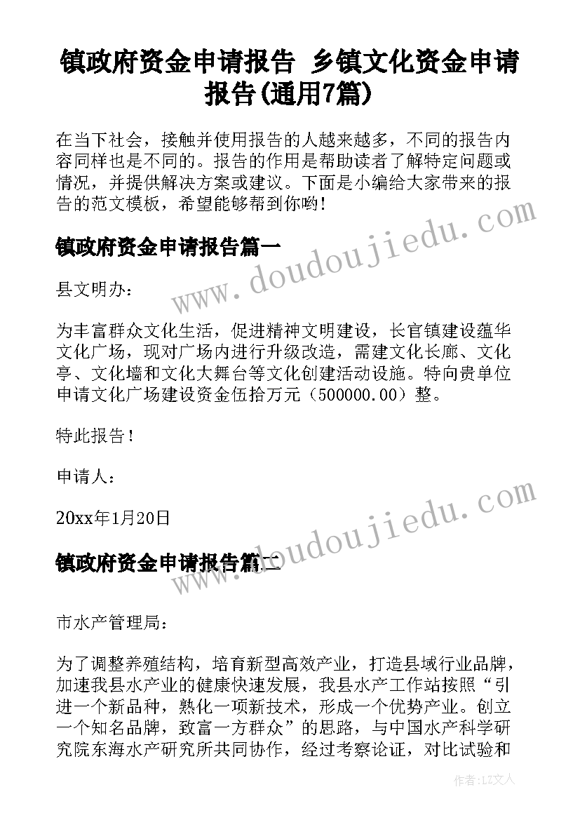 镇政府资金申请报告 乡镇文化资金申请报告(通用7篇)