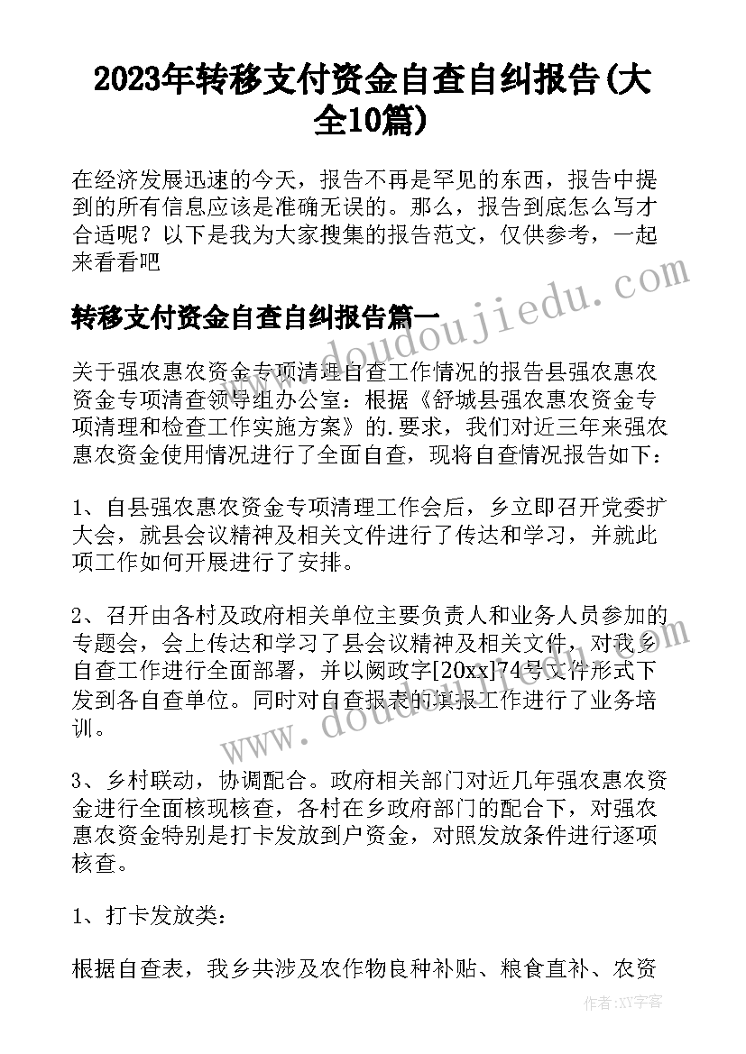 2023年转移支付资金自查自纠报告(大全10篇)