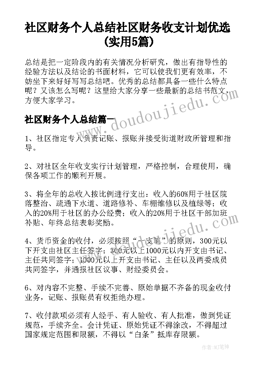 社区财务个人总结 社区财务收支计划优选(实用5篇)