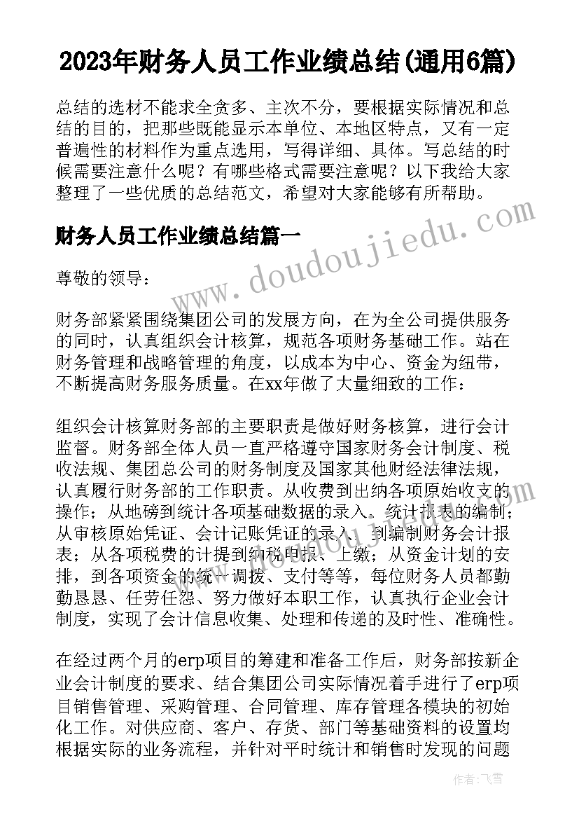 2023年财务人员工作业绩总结(通用6篇)