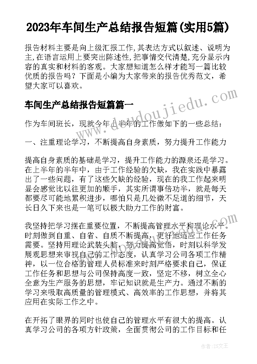 2023年车间生产总结报告短篇(实用5篇)