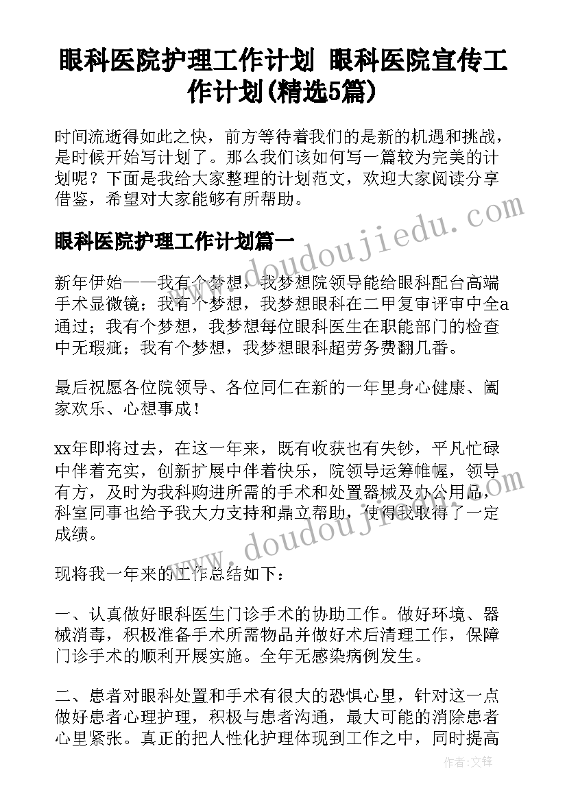 眼科医院护理工作计划 眼科医院宣传工作计划(精选5篇)