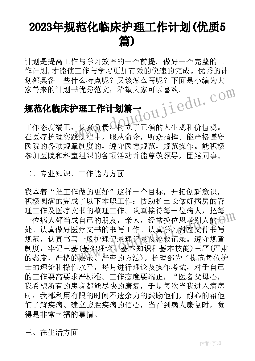 2023年规范化临床护理工作计划(优质5篇)