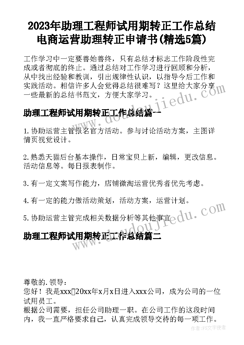 2023年助理工程师试用期转正工作总结 电商运营助理转正申请书(精选5篇)