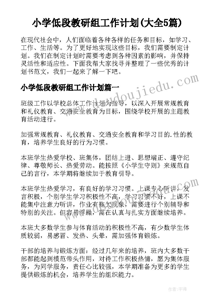 小学低段教研组工作计划(大全5篇)